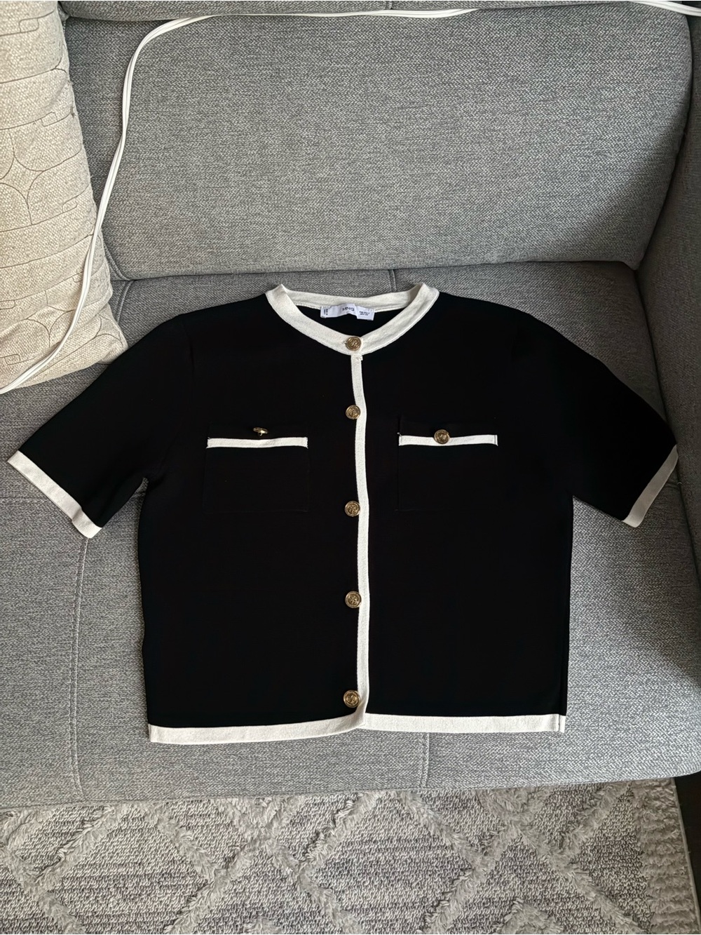 Mango Knit Top with White Trim and Gold Buttons